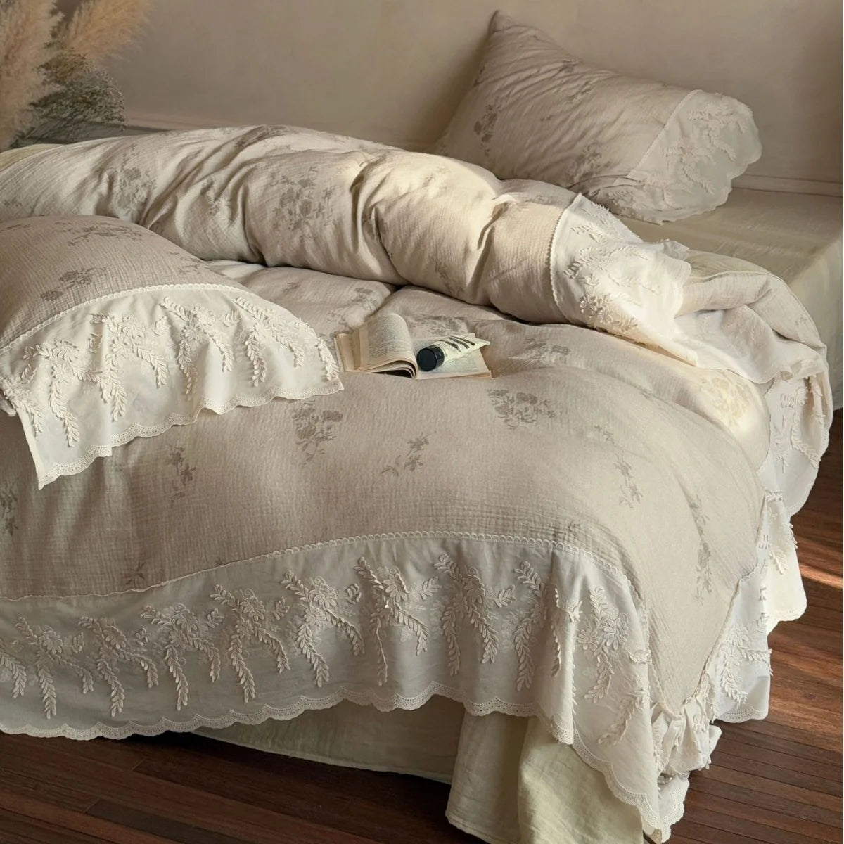 Duvet Cover Set Cotton-Linen Blend Lace Trim