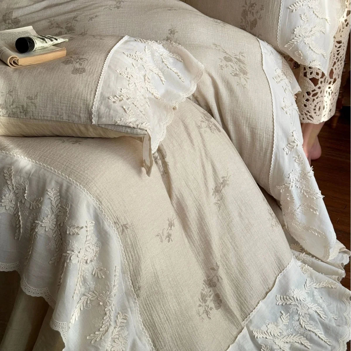 Duvet Cover Set Cotton-Linen Blend Lace Trim