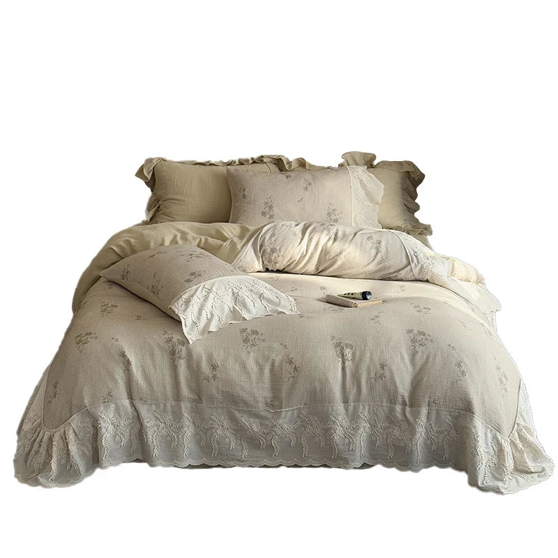 Duvet Cover Set Cotton-Linen Blend Lace Trim