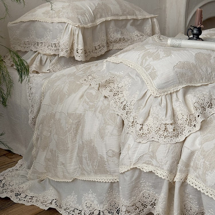 Duvet Cover Set Cotton-Linen Blend Large Floral & Lace Trim
