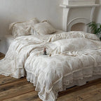 Duvet Cover Set Cotton-Linen Blend Large Floral & Lace Trim