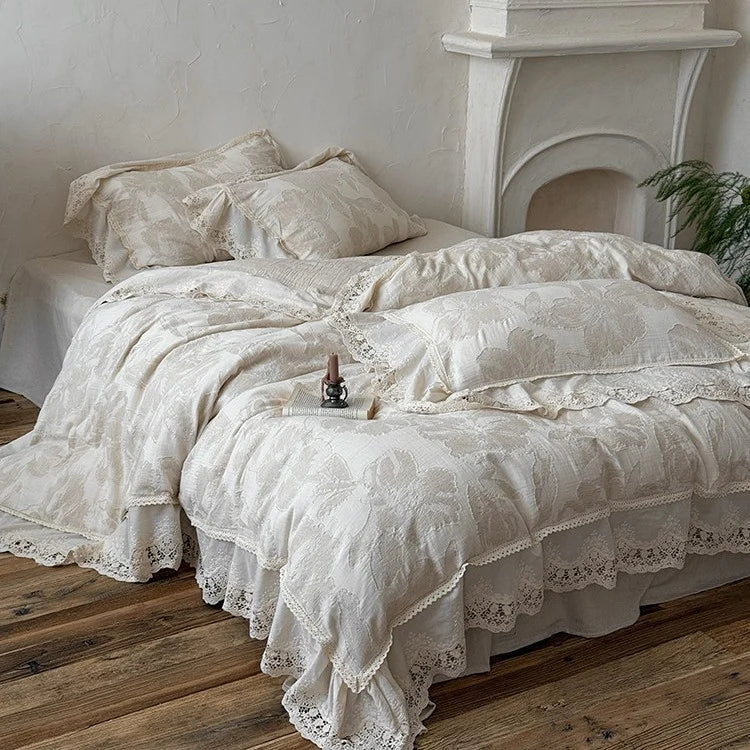 Duvet Cover Set Cotton-Linen Blend Large Floral & Lace Trim