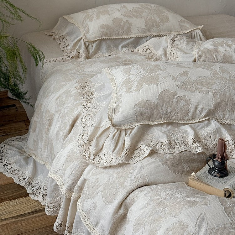 Duvet Cover Set Cotton-Linen Blend Large Floral & Lace Trim