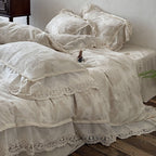 Duvet Cover Set Cotton-Linen Blend Large Floral & Lace Trim