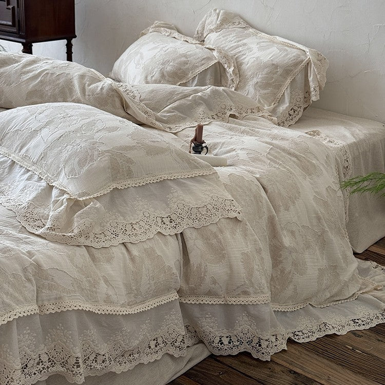 Duvet Cover Set Cotton-Linen Blend Large Floral & Lace Trim