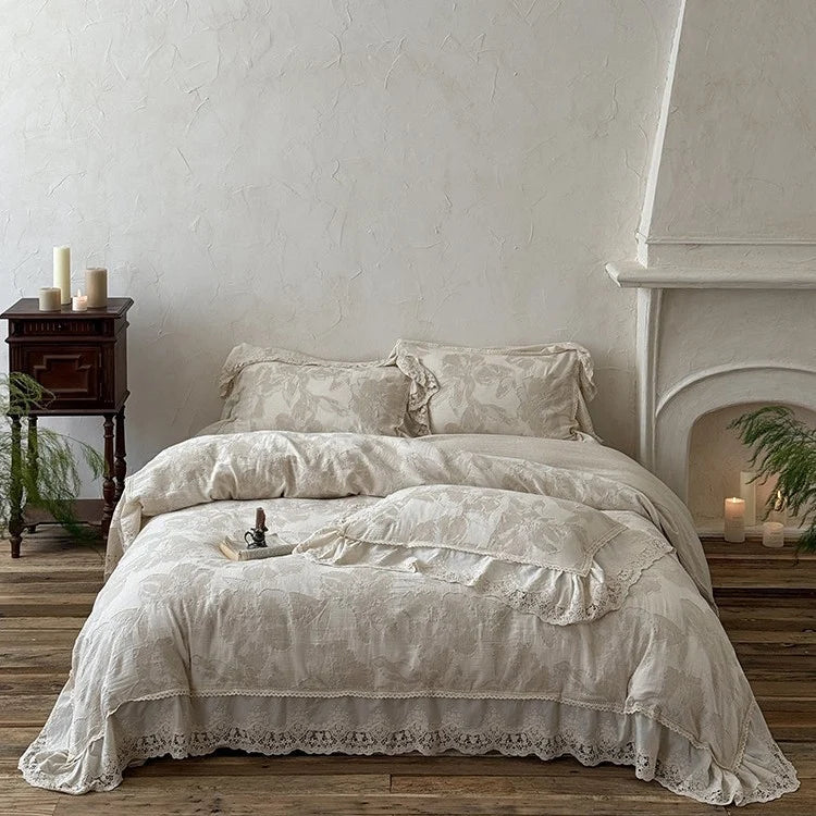 Duvet Cover Set Cotton-Linen Blend Large Floral & Lace Trim