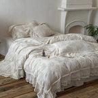 Duvet Cover Set Cotton-Linen Blend Large Floral & Lace Trim