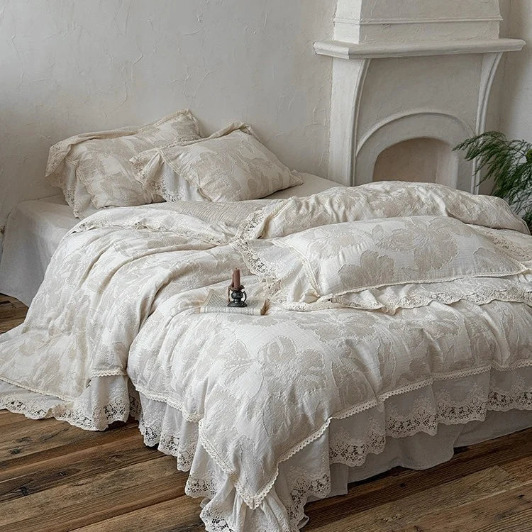 Duvet Cover Set Cotton-Linen Blend Large Floral & Lace Trim