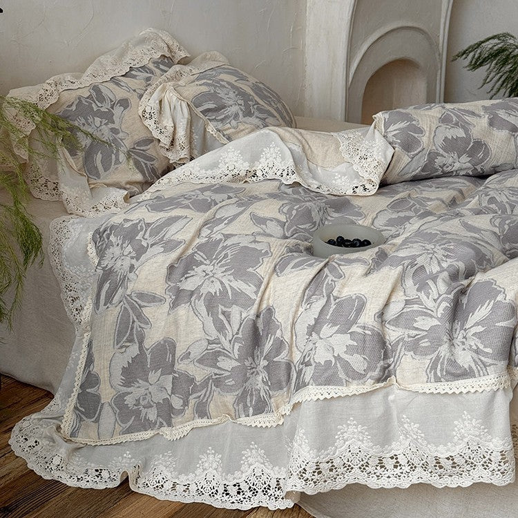 Duvet Cover Set Cotton-Linen Blend Large Floral & Lace Trim