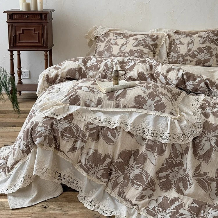 Duvet Cover Set Cotton-Linen Blend Large Floral & Lace Trim
