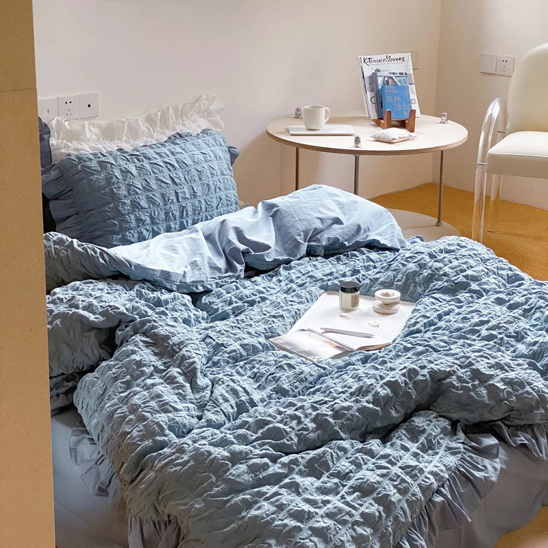 Duvet Cover Set Cotton-Linen Blend Washed Crinkle & Ruffle