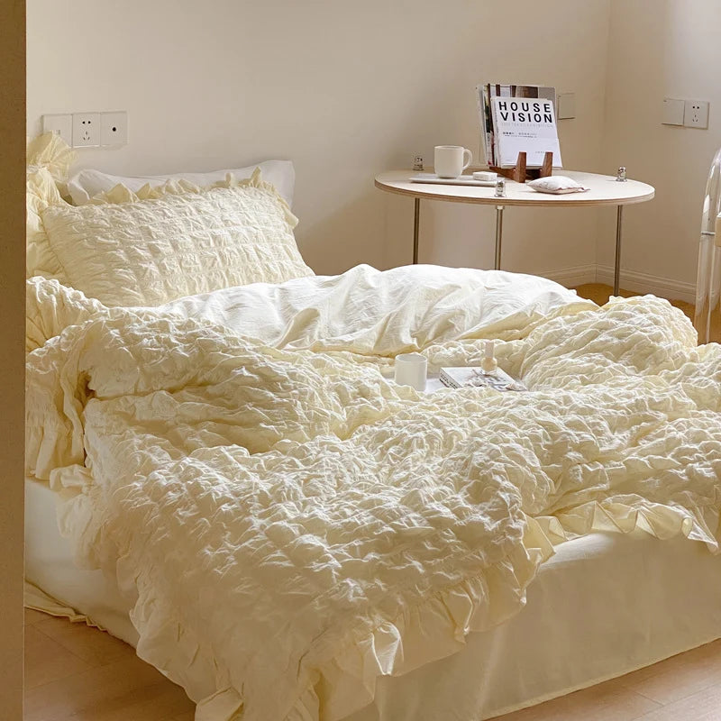Duvet Cover Set Cotton-Linen Blend Washed Crinkle & Ruffle