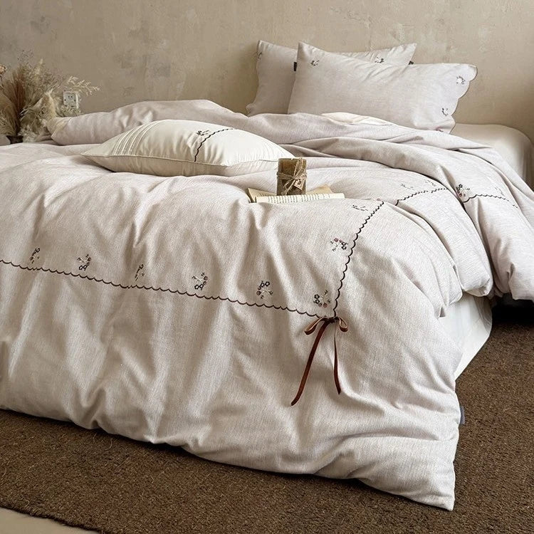 Duvet Cover Set Cotton-Linen Embroidered Floral