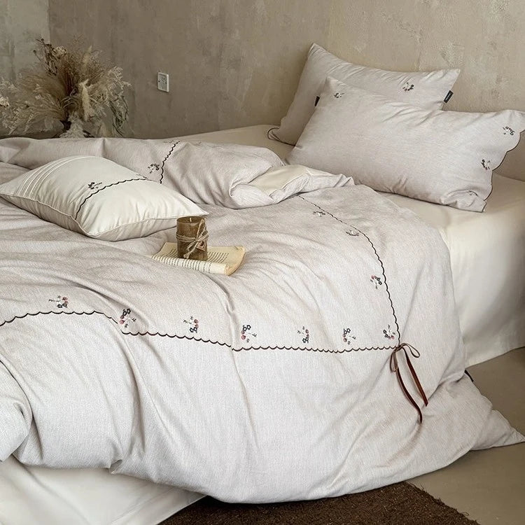 Duvet Cover Set Cotton-Linen Embroidered Floral