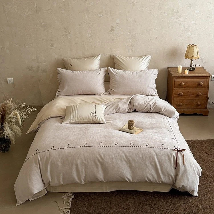 Duvet Cover Set Cotton-Linen Embroidered Floral