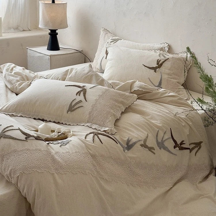 Duvet Cover Set Cotton-Linen Embroidered Swallow Lace Trim