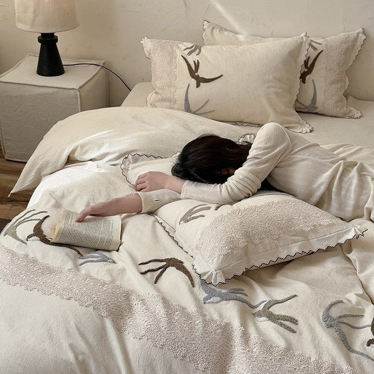 Duvet Cover Set Cotton-Linen Embroidered Swallow Lace Trim