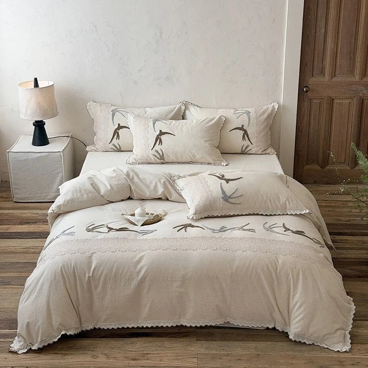 Duvet Cover Set Cotton-Linen Embroidered Swallow Lace Trim