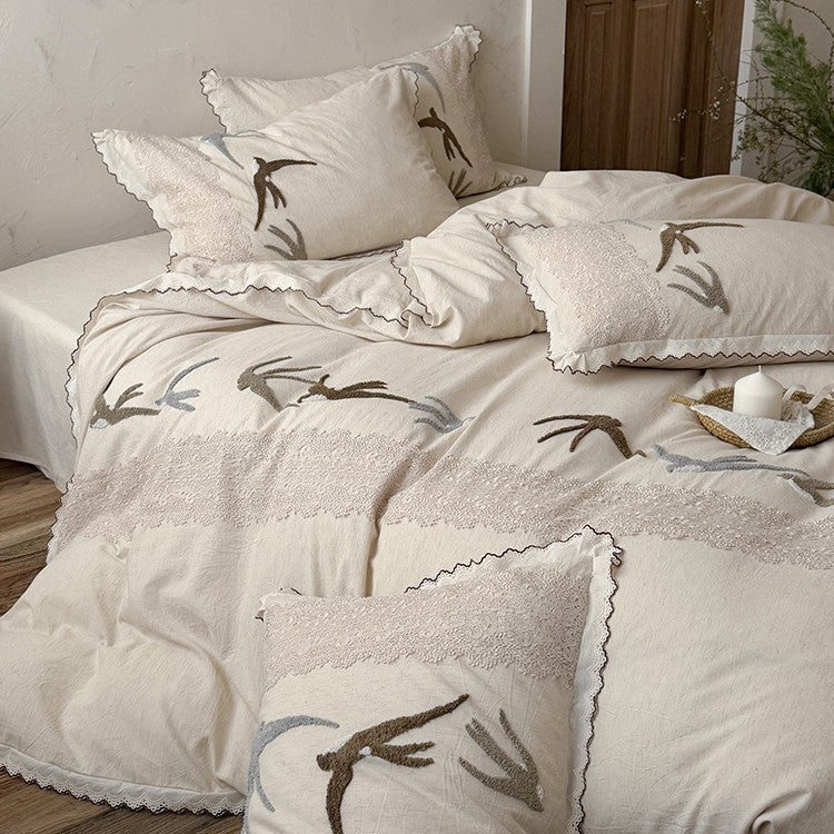 Duvet Cover Set Cotton-Linen Embroidered Swallow Lace Trim