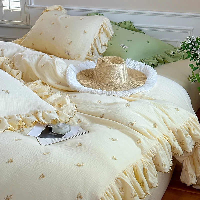 Duvet Cover Set Cotton-Linen Floral Embroidery & Ruffle