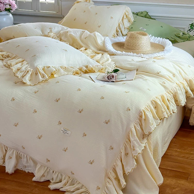 Duvet Cover Set Cotton-Linen Floral Embroidery & Ruffle