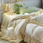 Duvet Cover Set Cotton-Linen Floral Embroidery & Ruffle