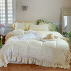 Duvet Cover Set Cotton-Linen Floral Embroidery & Ruffle