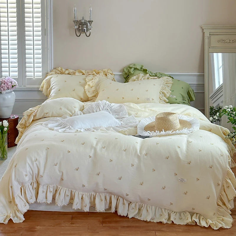 Duvet Cover Set Cotton-Linen Floral Embroidery & Ruffle