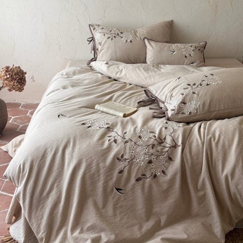Duvet Cover Set Cotton-Linen Floral Embroidery Tied Pillowcases