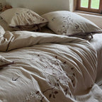 Duvet Cover Set Cotton-Linen Floral Embroidery Tied Pillowcases