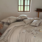 Duvet Cover Set Cotton-Linen Floral Embroidery Tied Pillowcases