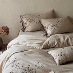 Duvet Cover Set Cotton-Linen Floral Embroidery Tied Pillowcases