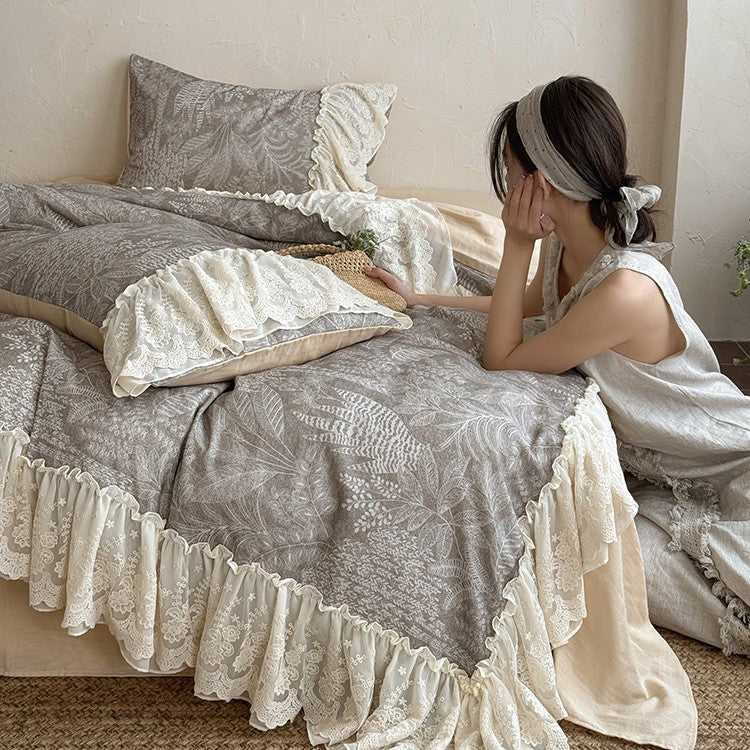 Duvet Cover Set Cotton-Linen Lace Ruffle