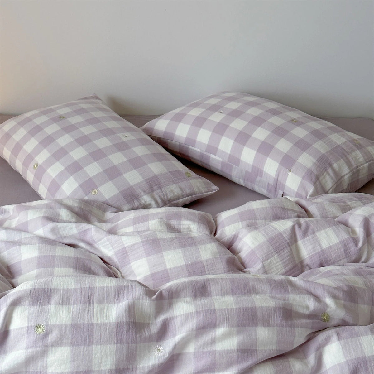 Duvet Cover Set Cotton Muslin Checked & Embroidered