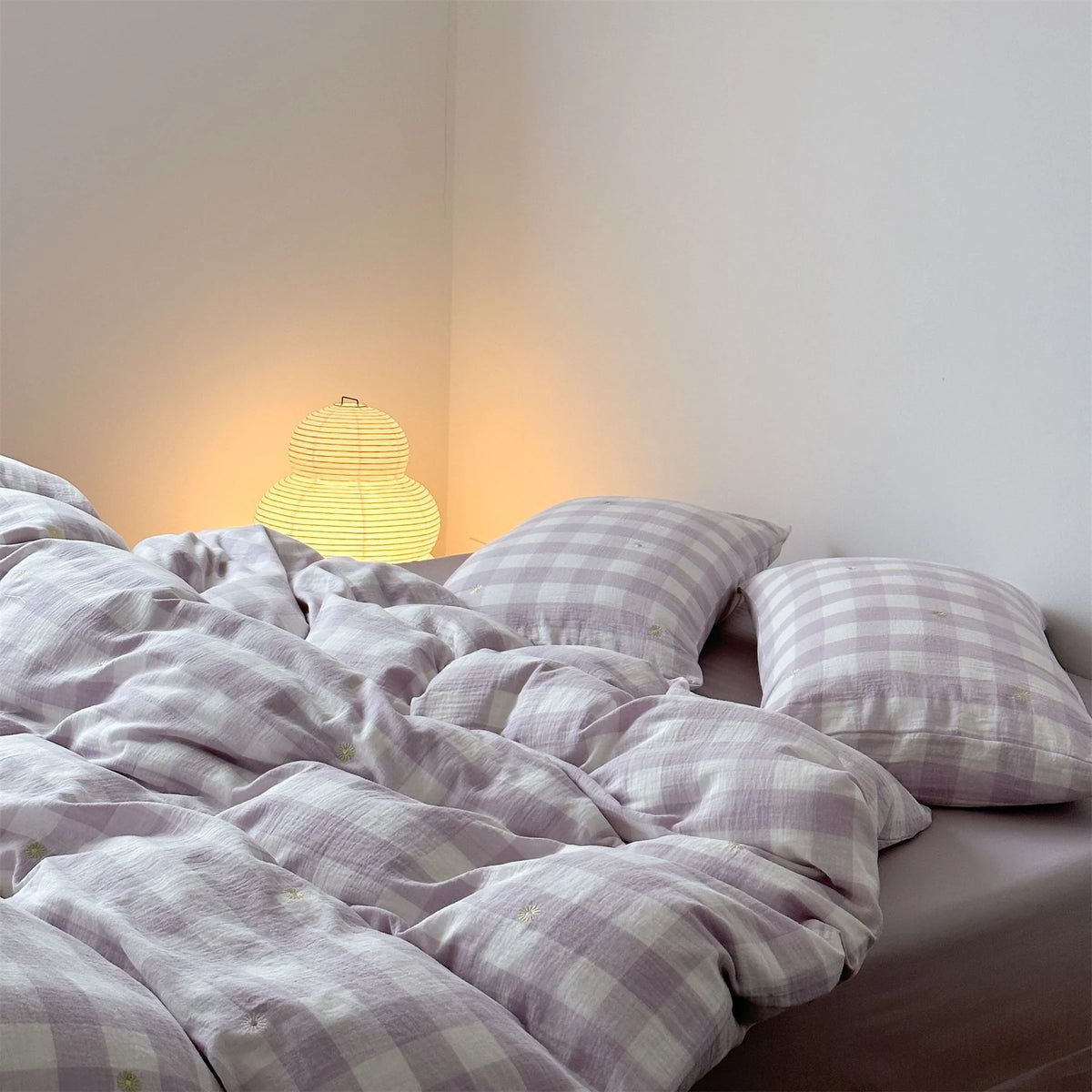 Duvet Cover Set Cotton Muslin Checked & Embroidered