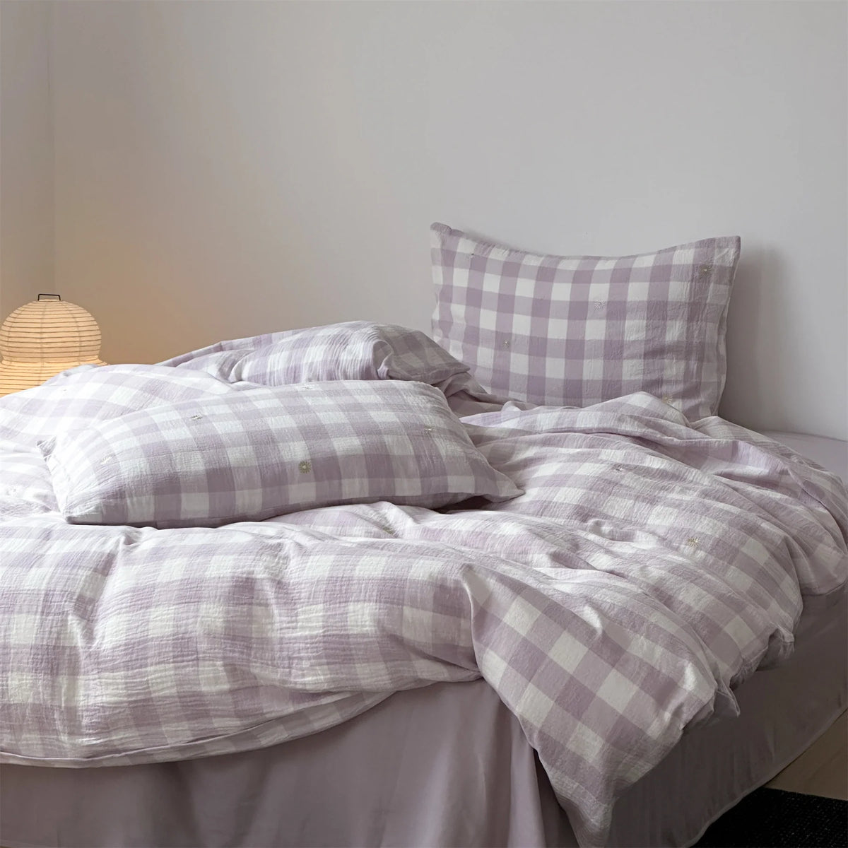 Duvet Cover Set Cotton Muslin Checked & Embroidered