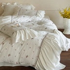 Duvet Cover Set Cotton Muslin Embroidered Floral Gathered Ruffle