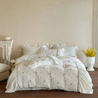 Duvet Cover Set Cotton Muslin Embroidered Floral Gathered Ruffle
