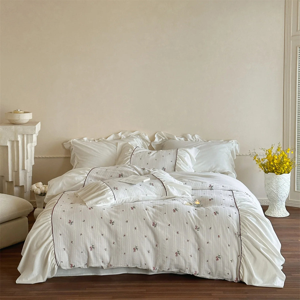 Duvet Cover Set Cotton Muslin Embroidered Floral Gathered Ruffle