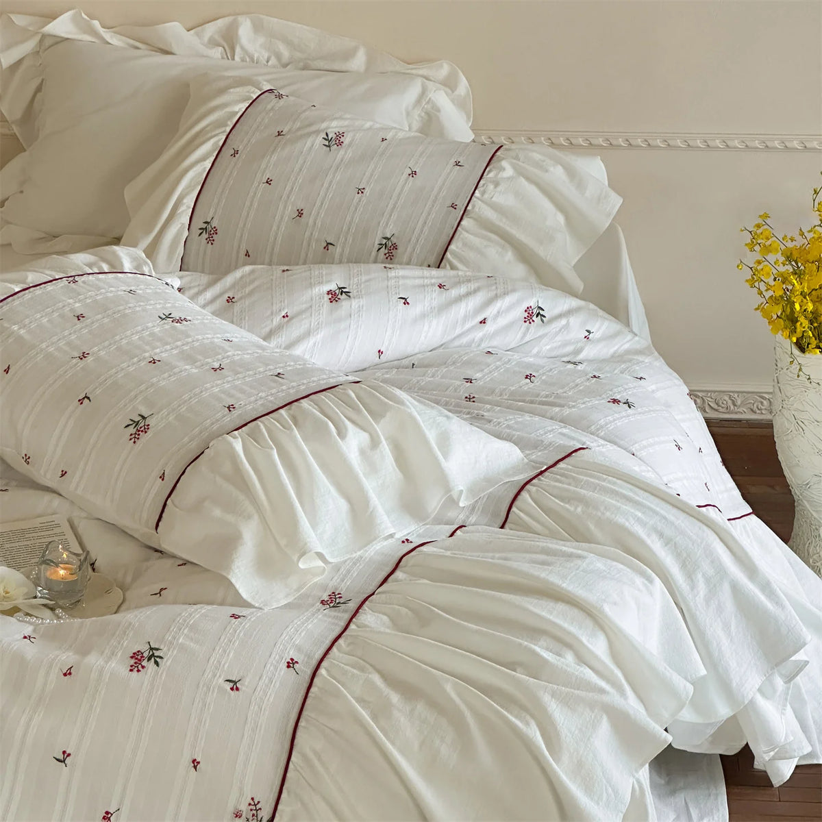 Duvet Cover Set Cotton Muslin Embroidered Floral Gathered Ruffle