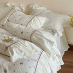 Duvet Cover Set Cotton Muslin Embroidered Floral Gathered Ruffle