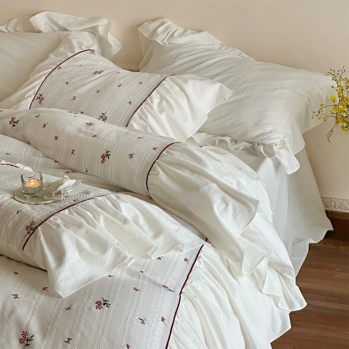 Duvet Cover Set Cotton Muslin Embroidered Floral Gathered Ruffle