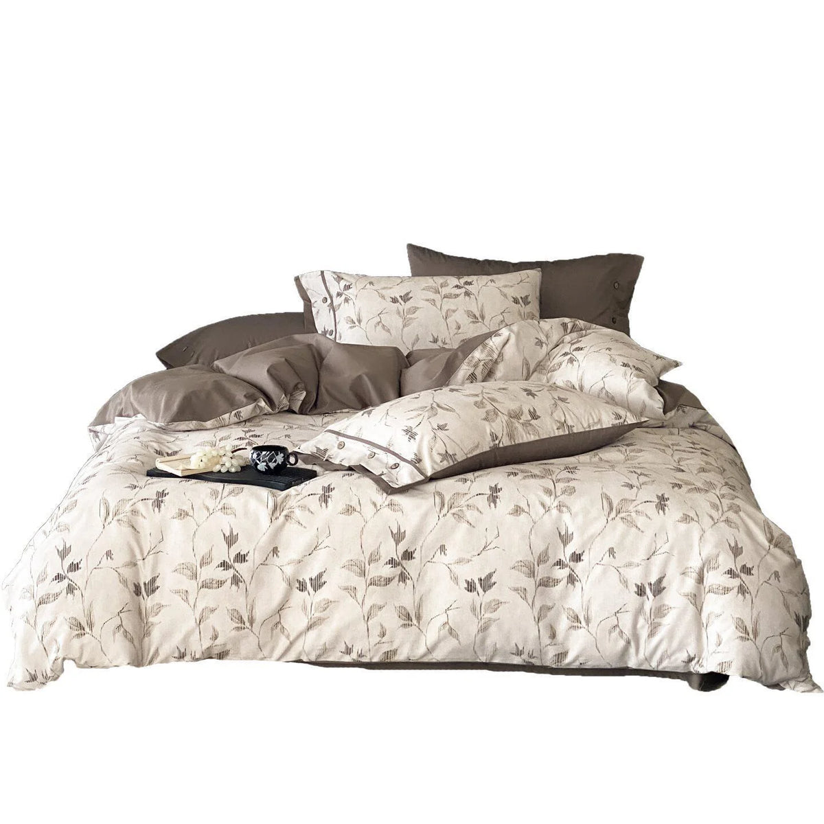 Duvet Cover Set Cotton Percale Leaf Jacquard Button Closure