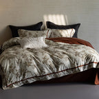Duvet Cover Set Cotton Percale Leaf Print Piped Edge