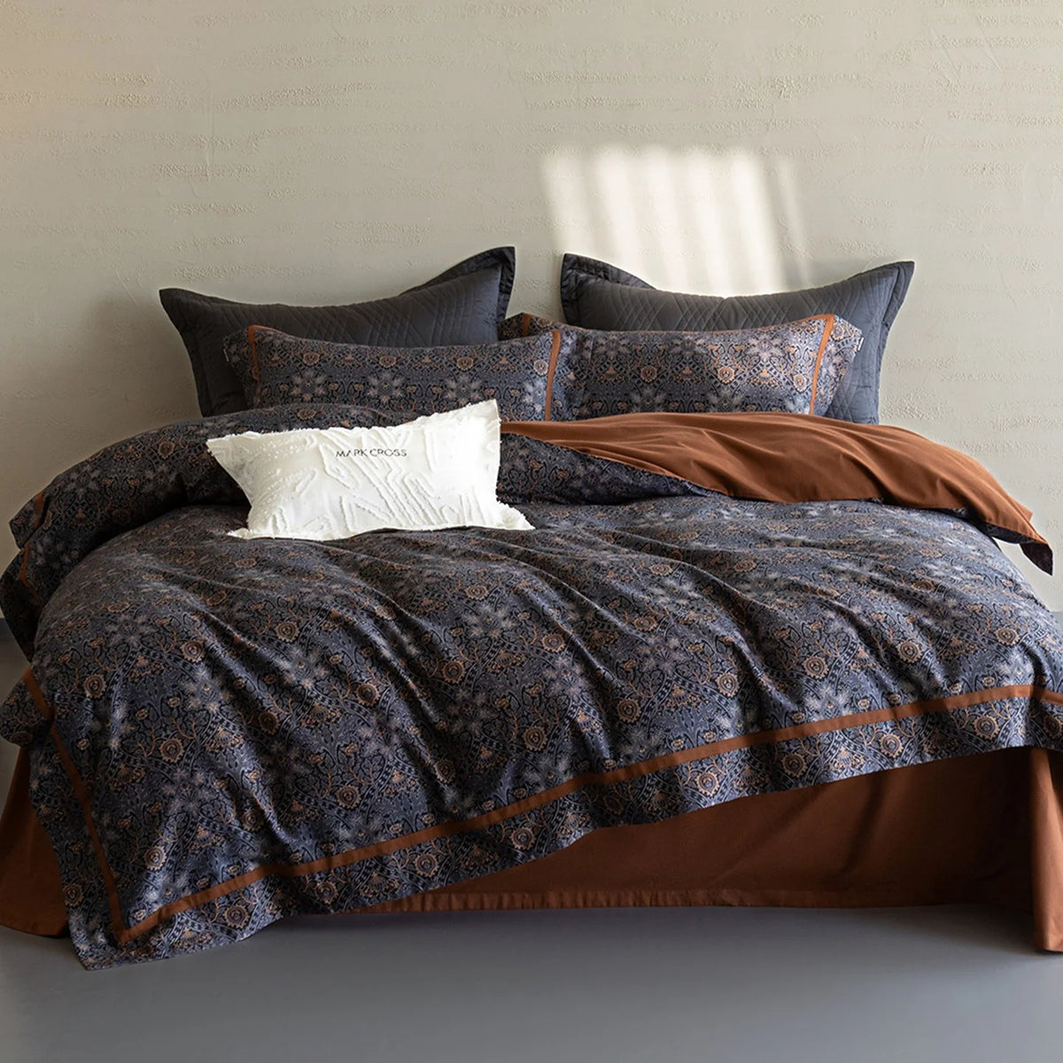 Duvet Cover Set Cotton Percale Leaf Print Piped Edge