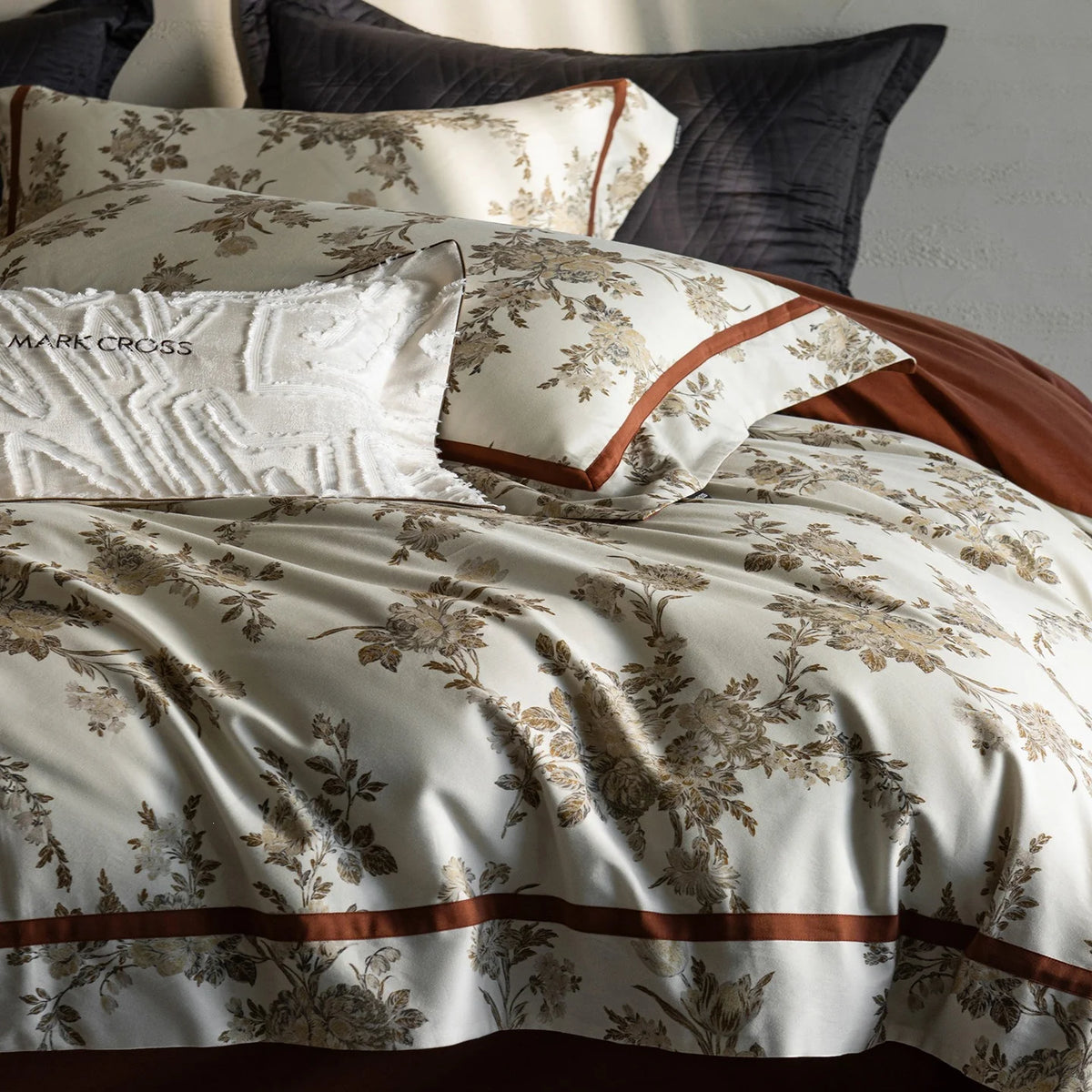 Duvet Cover Set Cotton Percale Leaf Print Piped Edge
