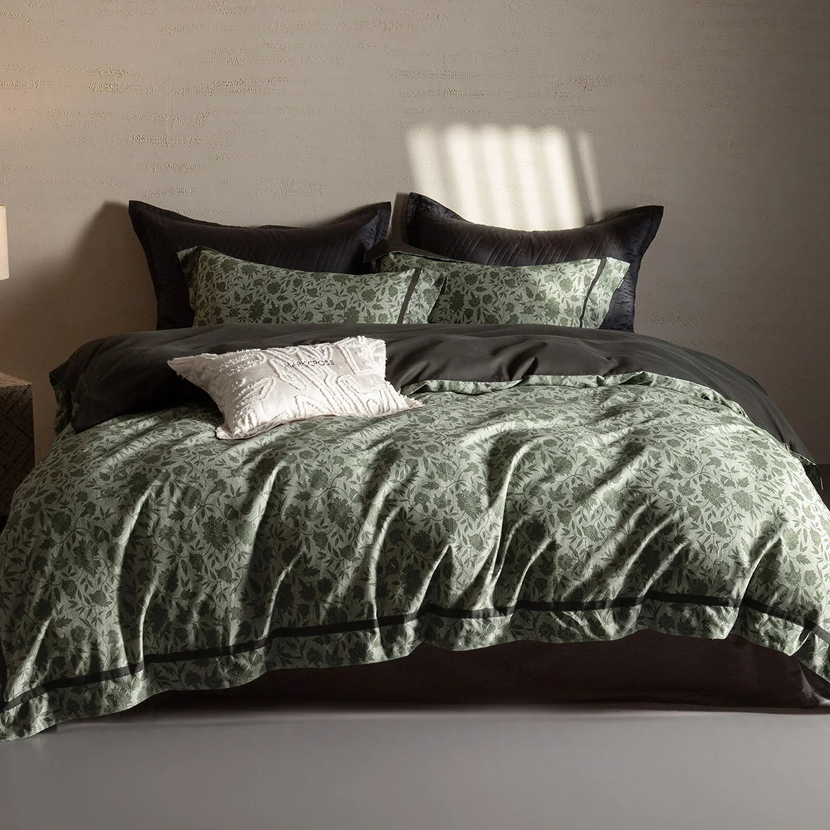 Duvet Cover Set Cotton Percale Leaf Print Piped Edge