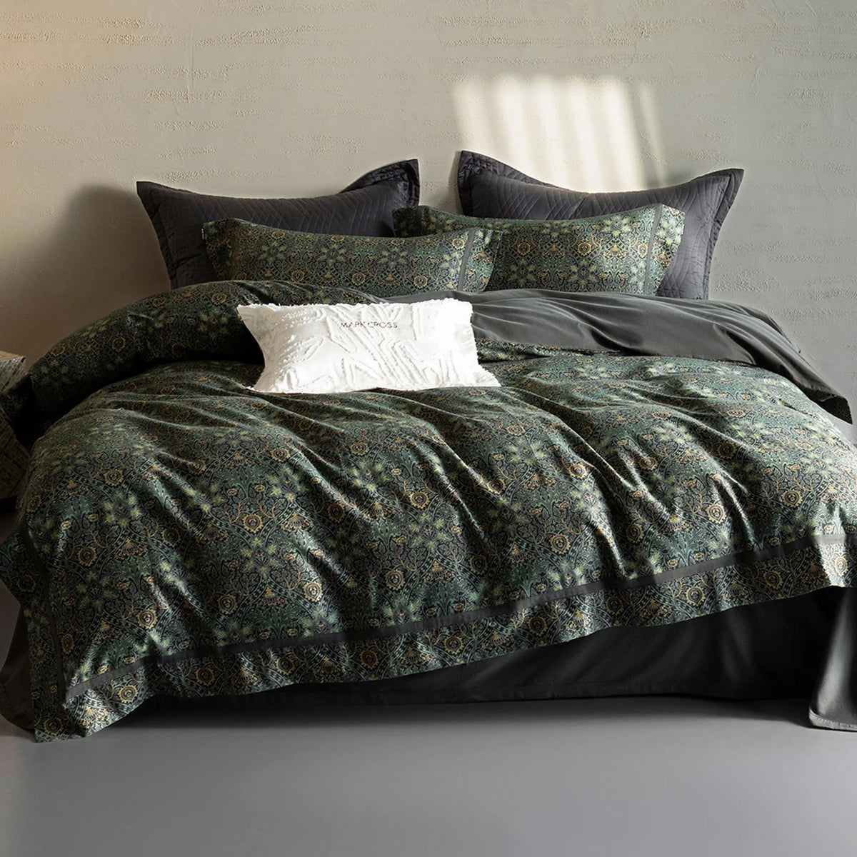 Duvet Cover Set Cotton Percale Leaf Print Piped Edge