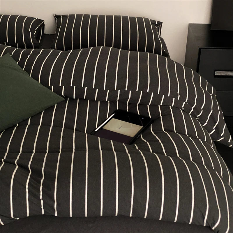 Duvet Cover Set Cotton Percale Pinstripe Concealed Zipper