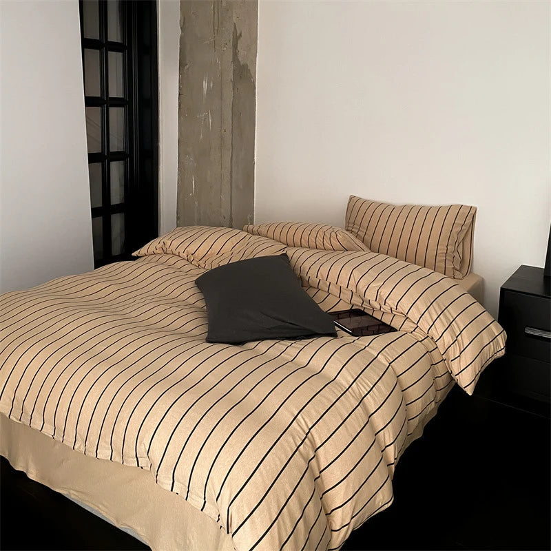 Duvet Cover Set Cotton Percale Pinstripe Concealed Zipper